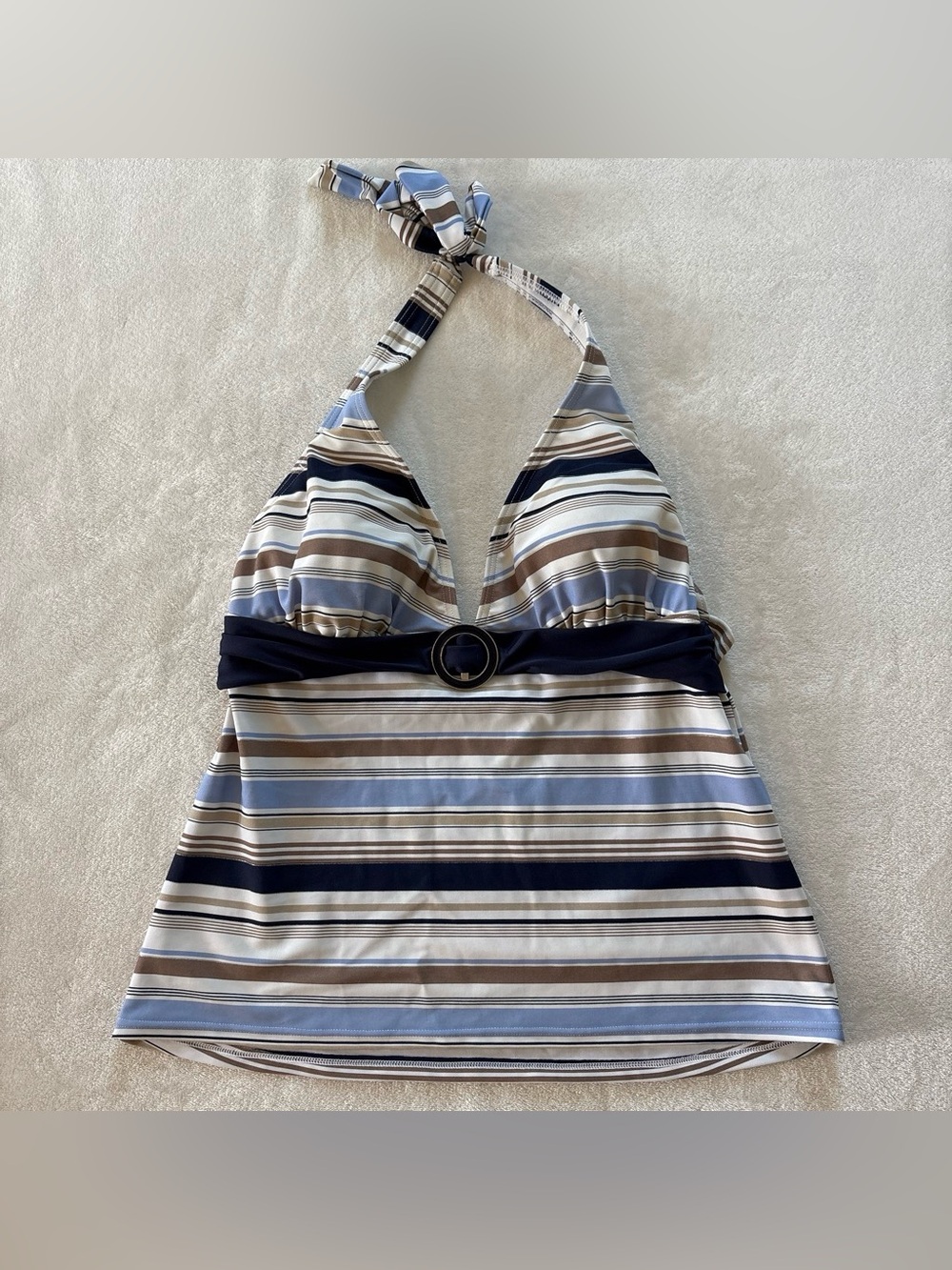 Y2K Croft & Barrow Blue Brown Striped Halter Tankini Bikini Bathing Suit Size 12